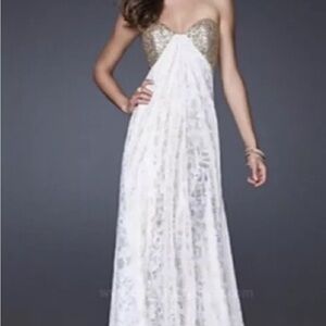 La Femme White Embellished Strapless Gown